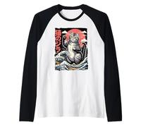 Catzilla Great Wave - Grafica Umoristica del Gatto Arte Giapponese Maglia con Maniche Raglan