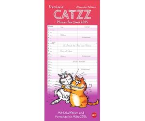 Catzz Planner 2025: divertente agenda da parete per due. Calendario partner con 2 colonne. Calendario degli appuntamenti con divertenti gatti dei cartoni animati. Calendario da parete per 2 persone.