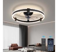 Caunmar 52CM Lampadario Con Ventilatore Da Soffitto Silenzioso 6 Velocità Timer, Plafoniera Con Ventilatore Con Luce E Telecomando Moderni Dimmerabile, Per L'uso In Soggiorno E Cucina-Nero