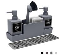 CAUTIOUS Dispenser Sapone Cucina Dosatore, Porta Spugne Lavello con Spazzola Spugna e Sfera d'Acciaio, Organizer per Lavello Grigio, Cucina per Lavello Cucina Organizer per Lavello