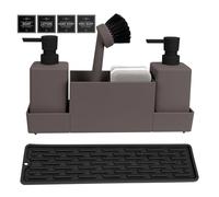 CAUTIOUS Organizer per lavello da 350 ml, con spazzola, dispenser di sapone, spugna per lavastoviglie, set in plastica, organizer per piatti con due dispenser di sapone, organizer da cucina (marrone)
