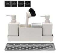 CAUTIOUS Organizer per lavello da cucina da 350 ml, con spazzola, dispenser per sapone da cucina, set in plastica, organizer per piatti con due dispenser di sapone, organizer da cucina (bianco)