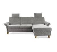CAVADORE Divano angolare Wyk con anima in piuma, divano angolare in stile country con longchair, 2 poggiatesta + piedini in legno, 252 x 90 x 162 cm, ciniglia, grigio chiaro