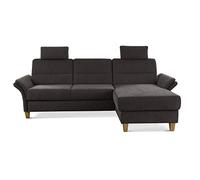 CAVADORE Divano angolare Wyk con anima in piuma, divano angolare in stile country con longchair, 2 poggiatesta + piedini in legno, 252 x 90 x 162 cm, ciniglia, marrone