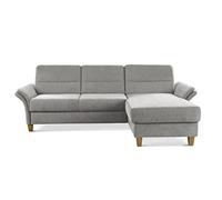 CAVADORE Divano angolare Wyk con anima in piuma, divano angolare in stile country con longchair e piedi in legno, 252 x 90 x 162 cm, ciniglia, grigio chiaro