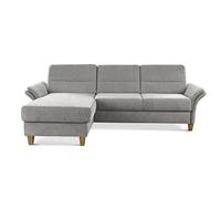 CAVADORE Divano angolare Wyk con anima in piuma/divano angolare in stile country con longchair e piedi in legno, 252 x 90 x 162 cm, ciniglia, grigio chiaro