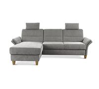 CAVADORE Divano angolare Wyk con anima in piuma, in stile country, con 2 poggiatesta + piedini in legno, 252 x 90 x 162 cm, ciniglia, grigio chiaro