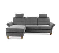 CAVADORE Divano angolare Wyk con anima in piuma, in stile country, con 2 poggiatesta + piedini in legno, 252 x 90 x 162 cm, ciniglia, grigio
