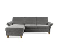 CAVADORE Divano angolare Wyk con anima in piuma, in stile country, con longchair e piedi in legno, 252 x 90 x 162 cm, ciniglia, grigio