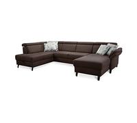 CAVADORE - Divano letto Ammerland con anima in piuma, con ottomana a sinistra e longchair a destra, con poggiatesta regolabile, 317 x 84 x 193 cm, effetto pelle, colore: Cognac