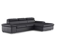 CAVADORE Divano letto Valerie in pelle con sedia a sdraio XL/divano angolare con funzione sleep, regolazione testiera + grande sedia long-chair / 286 x 73 x 174 / vera pelle nera