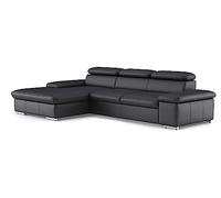 CAVADORE Divano letto Valerie in vera pelle con sedia a sdraio XL/divano angolare con funzione letto, regolazione testiera + grande sedia long-chair / 286 x 73 x 174 / pelle nera