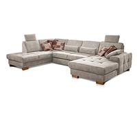 CAVADORE Puccino con anima a molla, funzione letto, cassetta, regolazione della profondità della seduta e 2 poggiatesta/divano a forma di U in stile rustico/340 x 86 x 224 cm/crema in microfibra