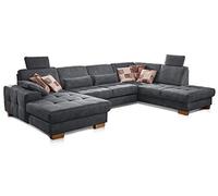 CAVADORE - Puccino con nucleo a molla, profondità di seduta regolabile e 2 poggiatesta, divano a forma di U in stile country, 340 x 86 x 224 cm, microfibra grigio