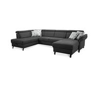 CAVADORE - Wohnlandschaft Ammerland con nucleo a molla e forma a U con ottomana a sinistra e longchair a destra, con poggiatesta regolabile, 317 x 84 x 193 cm, effetto pelle, colore: Grigio scuro