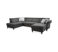 CAVADORE - Wohnlandschaft Ammerland con nucleo a molla e forma a U con ottomana a sinistra e longchair a destra, con poggiatesta regolabile, 317 x 84 x 193 cm, effetto pelle, colore: Antracite