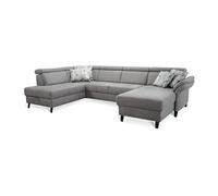 CAVADORE - Wohnlandschaft Ammerland con nucleo a molla e forma a U con ottomana a sinistra e longchair a destra, con poggiatesta regolabile, 317 x 84 x 193 cm, effetto pelle, colore: Grigio chiaro