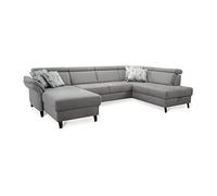CAVADORE - Wohnlandschaft Ammerland con nucleo a molla/forma a U con Longchair a sinistra e ottomana a destra, con poggiatesta regolabile, 317 x 84 x 193 cm, effetto pelle, colore: Grigio chiaro