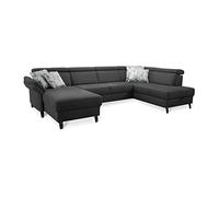 CAVADORE - Wohnlandschaft Ammerland con nucleo a molla/forma a U con Longchair a sinistra e ottomana a destra, con poggiatesta regolabile, 317 x 84 x 193 cm, effetto pelle, colore: Grigio scuro
