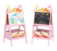Cavalletto Artistico Per Bambini 3-8 Anni Con Lavagna A 2 Lati E 2 Cestini Contenitori, In Legno, 53.5x49x113 Cm, Rosa