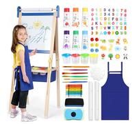 Cavalletto per bambini 3-1, lavagna magnetica e lavagna bianca, pittura su carta, grande contenitore con borsa in tela, set per pittura con colori a dita, gessetti, magneti con numeri e lettere, blu