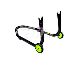 Cavalletto posteriore Bihr con supporti a forchetta per nottolini Colore nero e ruote gialle.