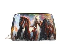 Cavalli che corrono borsa per il trucco stampata per le donne borsa da trucco in pelle portatile borsa da viaggio con cerniera dorata borse cosmetici organizzatore, Cavalli in esecuzione, One Size