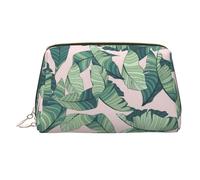 Cavalli che corrono borsa per il trucco stampata per le donne borsa da trucco in pelle portatile borsa da viaggio con cerniera dorata borse cosmetici organizzatore, Verde Palma Foglie Rosa, One Size