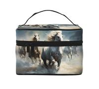 Cavalli che corrono selvaggi nel fiume Borsa cosmetica da viaggio da donna, (22,9 x 16,5 x 15,7 cm) borsa cosmetica portatile di grande capacità, grande borsa cosmetica per ragazze, nero, Taglia unica