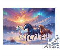 Cavalli che galoppano nella neve Puzzle 1000 pezzi per uomini donne adulti Tre cavalli che corrono sotto il cielo dell'aurora al tramonto Premium robusto antistress regalo famiglia 70x50cm/1000pz