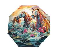 Cavalli Colorati Tramonto Sull'Oceano Ombrello Pieghevole Automatico Ombrelli Antivento Protezione UV da Viaggio per Bambini Ragazzi Ragazze