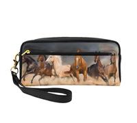 Cavalli marroni al galoppo nel deserto stampati, Borsa per il trucco Borsa per cosmetici Borsa da viaggio portatile da toilette Astuccio in pelle per donne e ragazze