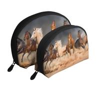 Cavalli marroni al galoppo nel deserto stampati, Borsa per trucco a conchiglia Portamonete da donna Borsa da toilette piccola Borsa per cosmetici 2 pezzi