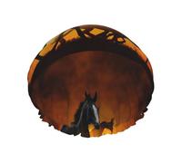 Cavalli neri e nuvole rosse luminose stampate,Cuffia da doccia, cuffia da notte, doppio strato, impermeabile, elastica, riutilizzabile.