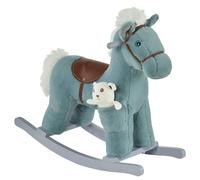 Cavallo a Dondolo in Peluche e Legno con Orsetto e Suoni Blu