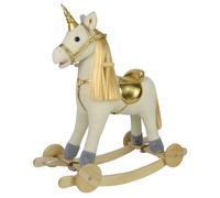 Cavallo a Dondolo per Bambini 36-72 Mesi Unicorno a Dondolo Cavalcabile in Legno e Peluche con Rotelle Suoni e Movimenti Realistici 74x30x62 cm (Bianco e Oro)