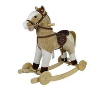 Cavallo a Dondolo per Bambini da 36 a 72 Mesi Cavalcabile in Legno e Peluche con Rotelle Suoni e Movimenti Realistici Beige