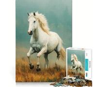 Cavallo bianco al galoppo in un campo Puzzle da 1000 pezzi per ragazzi Gioco di concentrazione mentale Taglio di precisione Bordi lisci Idea regalo per Natale (38x26cm)