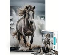 Cavallo bianco al galoppo tra le onde dell'oceano Puzzle da 1000 pezzi Gioco creativo Incastro perfetto,nessun pezzo si stacca Attività per rafforzare i legami familiari (38x26cm)