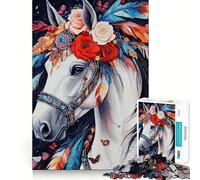 Cavallo bianco con piume e fiori,puzzle per ragazzi,1000 pezzi,gioco di memoria,incastro perfetto,nessun pezzo si stacca,ideale da portare in viaggio,gioco per allenare la mente,regalo (50x75cm)