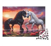 Cavallo bianco e nero Puzzle Tramonto nella natura selvaggia 1000 Tessere Cartone Resistente Per Adulti E Ragazzi, Educativo Stimolante, Idea Regalo Premium Natale Decorazione 52x38cm/1000pcs