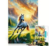 Cavallo bianco in un prato di montagna Puzzle da 1000 pezzi per ragazzi Gioco stimolante per la mente Incastri precisi Senza spazi vuoti Attività rilassante di gruppo al chiuso (38x52cm)