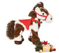 Cavallo di peluche elettrico maculato, pony ambulante interattivo, suoni di nitriti allegri, scuotimento della testa e scodinzolamento della coda, sella rossa con campanelli verdi, regalo di Natale