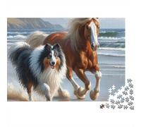 Cavallo e cane che corrono sulla spiaggia Puzzle 1000 Pezzi Carta Puzzle per Adulti Puzzle per Famiglia Relax Concentrazione Casa Regalo 52x38cm/1000pcs