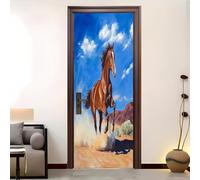 Cavallo Marrone Animale Adesivo porta interno in PVC Autoadesivo Creative Arte Sticker 77x200 cm Blu Adesivo da Parete Decorativo per Soggiorno, Cucina, Bagno, Carta da parati
