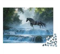 Cavallo Nero alla Cascata Puzzle 1000 pezzi Scena Cavallo nella Foresta Nebbiosa Cartone Premium per Chi Migliora la Concentrazione Allenamento Cognitivo 52x38cm/1000pcs