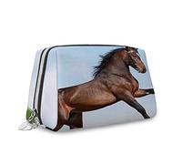 Cavallo, trousse per il trucco da donna, Big Bay Horse in campo, borsa cosmetica in pelle, borsa da viaggio impermeabile, verde marrone, M, Marrone verde_5, Taglia unica, Beauty Case