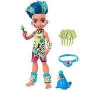 Cave Club Bambola Preistorica Slate da 25.4 cm, Capelli Blu, con Dinosauro e Accessori, Giocattolo per Bambini 4+Anni, GNL87