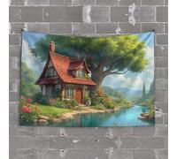Cave Man Bar Idilliaco Cottage By The River Tapestry Stuff per la camera dei ragazzi arazzo (75 x 100 cm)
