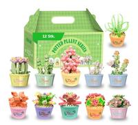 CAVERZ Mini set di mattoncini per piante grasse - 12 set di piante floreali botaniche con scatola di imballaggio, progetto di costruzione creativo per adulti e bambini dai 6, decorazione per la casa e